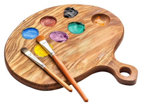 PNG Wooden art palette with blobs of paint and a brushes tool wood white background.