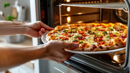 Delicious pizza emerges from the oven. Freshly baked with toppings like cheese, pepperoni, and vegetables. Perfect for sharing during a meal. Enjoy homemade flavor. AI