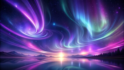 Naklejka premium Vibrant purple abstract aurora borealis concept, glowing shapes and wispy trails illuminating a dark background, evoking a sense of celestial wonder and mystique.