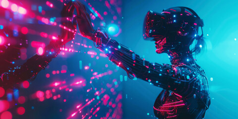 Robot is touching digital network connection. Artificial intelligence development. Android robot in cyberspace background. Machine learning concept