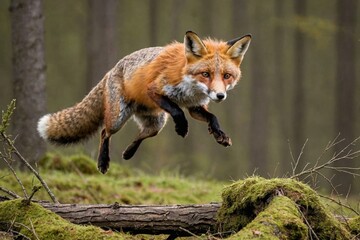 Fototapeta premium Red Fox jump hunting, Vulpes vulpes, wildlife scene from Europe