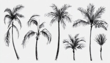 Various palm tree illustrations displaying different sizes and styles against a light background