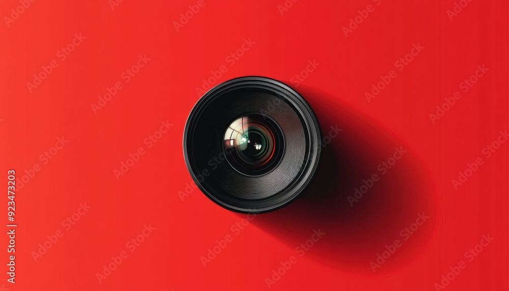 Wall mural Camera lens on a vibrant red background showcasing its details and texture