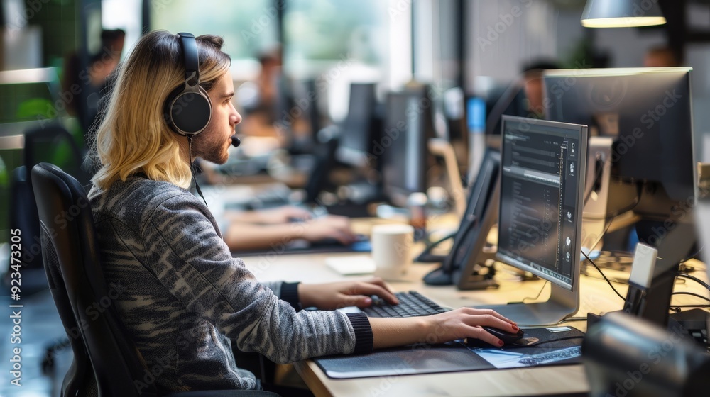 Poster a woman is focused on her work in a contemporary office setting, wearing headphones and using multip