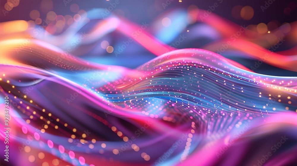 Poster Abstract neon-colored waves and bright dots flow dynamically on a dark background, portraying a sense of movement, energy, and vibrant modern digital art.