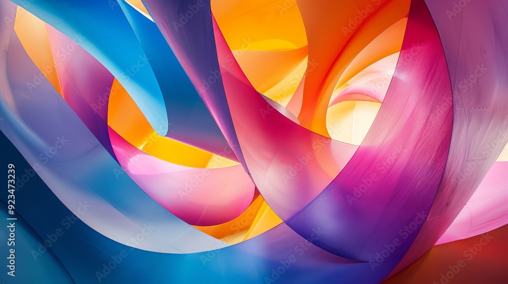 Poster Vibrant colorful twisted shapes intertwine to create dynamic abstract art, featuring hues of blue, pink, and yellow, expressing creativity and energy.