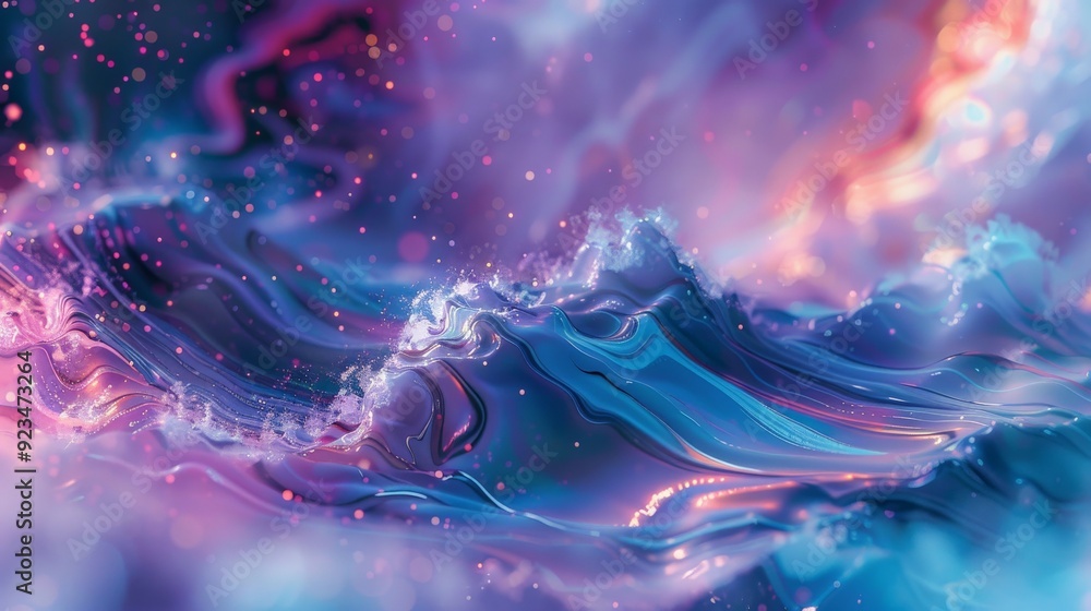 Poster Abstract waves shimmer with glowing particles in shades of purple and blue, creating a visually stunning scene filled with movement and energy in digital art.