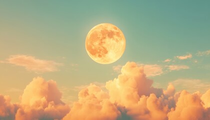 Bright full moon above fluffy clouds at sunset