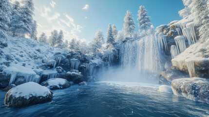 Frozen waterfall cascading over icy rocks, surrounded by a snowy forest under a clear winter sky.