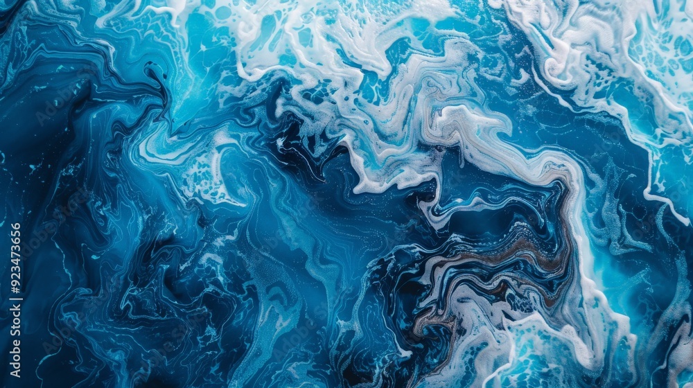 Poster An abstract artwork featuring swirling patterns predominantly in blue and white, highlighting depth and motion, creating a visually mesmerizing effect depicting fluid dynamics.