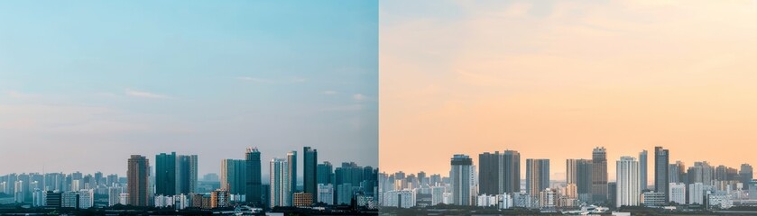 Obraz premium Stunning city skyline at twilight, showcasing modern architecture against a gradient sky of blue and orange hues.