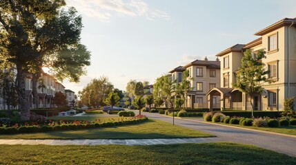 Capture a panoramic view of a residential area with a diverse mix of houses and apartment buildings.