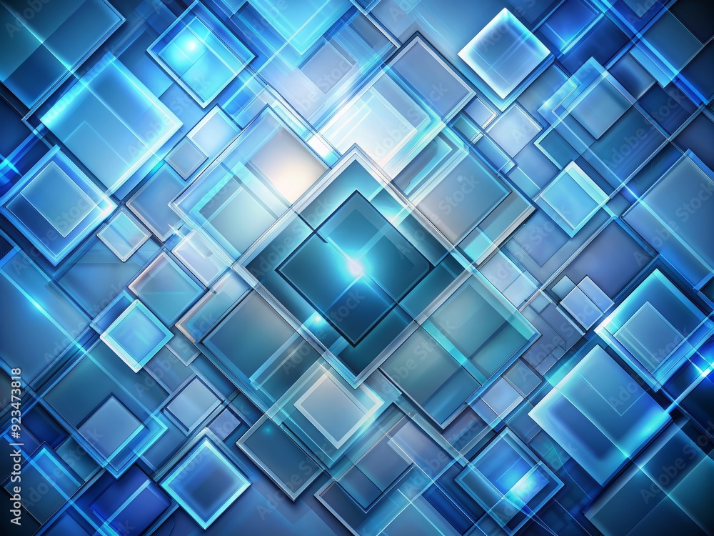 Poster modern abstract blue background features layers of transparent material in square shapes, forming a 