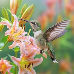Obraz premium Hummingbird hovering next to lily flowers
