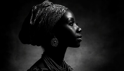Woman in traditional attire and jewelry, posed dramatically in black and white