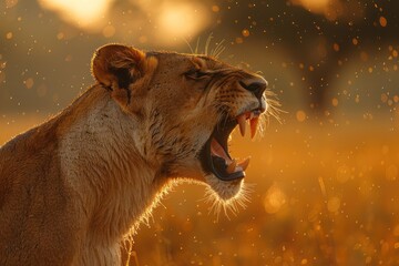 Fototapeta premium Lioness Roaring in Golden Light