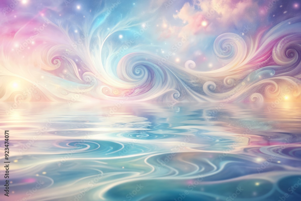 Poster soft pastel hues blend in mesmerizing swirls, creating an ethereal abstract watercolor background wi