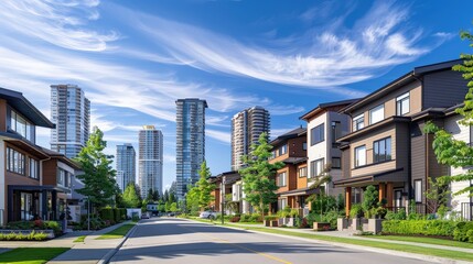 Capture a residential area with modern apartment towers contrasted by traditional single-family homes