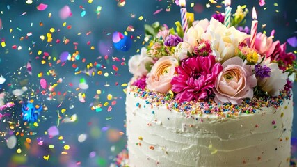 A beautifully decorated birthday cake adorned with fresh flowers and colorful confetti enhances the festive atmosphere of the celebration.