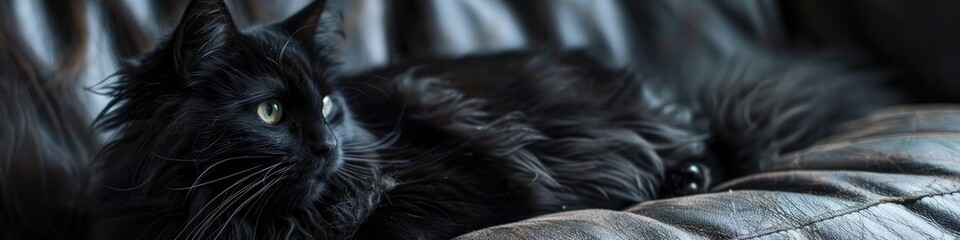 A cunning black cat with a soft, fluffy fur.