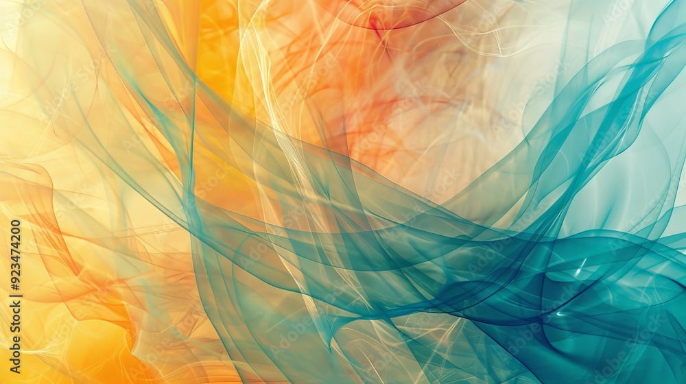 Poster ethereal waves of orange and turquoise gently blending in a flowing abstract pattern, conveying a se
