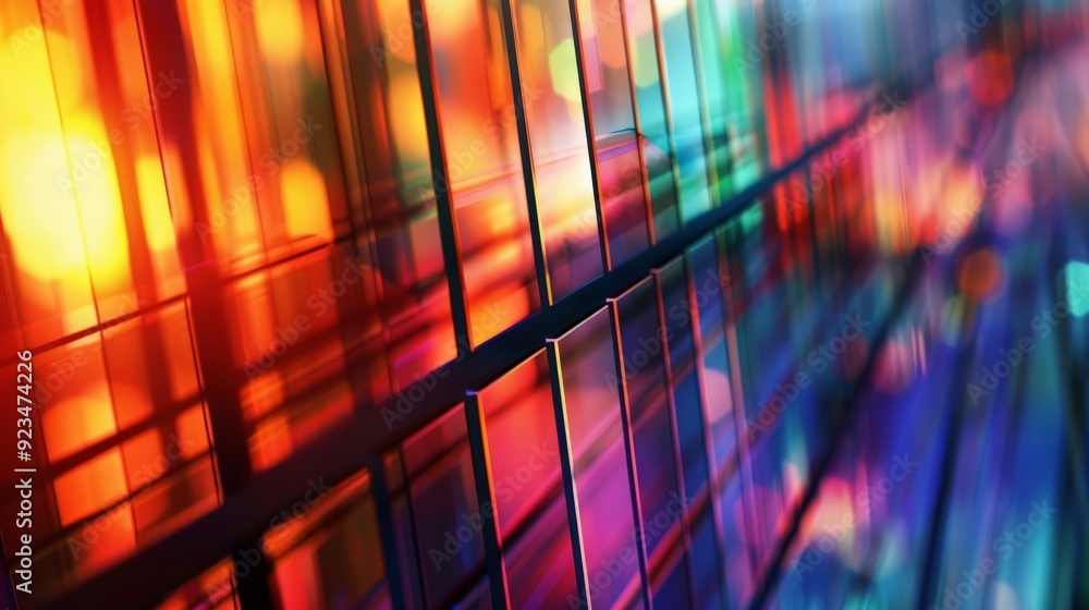 Fototapete An abstract image showcasing a colorful geometric grid with vibrant light reflections, featuring a spectrum of hues and creating a dynamic, visually engaging effect.