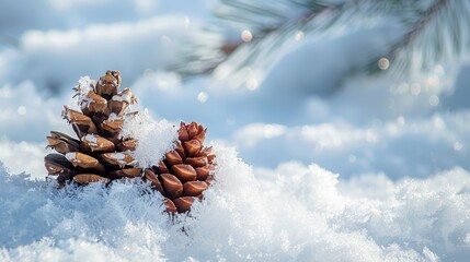 Pinecones with a dusting of snow sitting on the snowy ground in a winter setting nature close-up