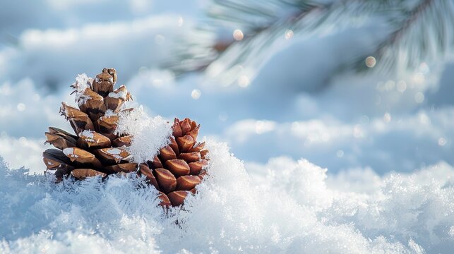Pinecones with a dusting of snow sitting on the snowy ground in a winter setting nature close-up