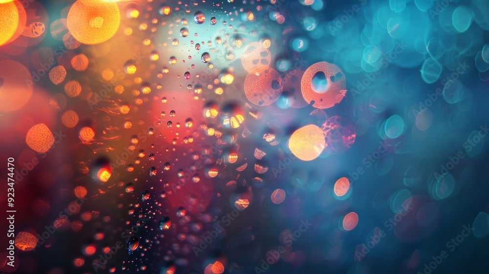 Poster this abstract image captures the intricate beauty of bokeh lights combined with water droplets on a 