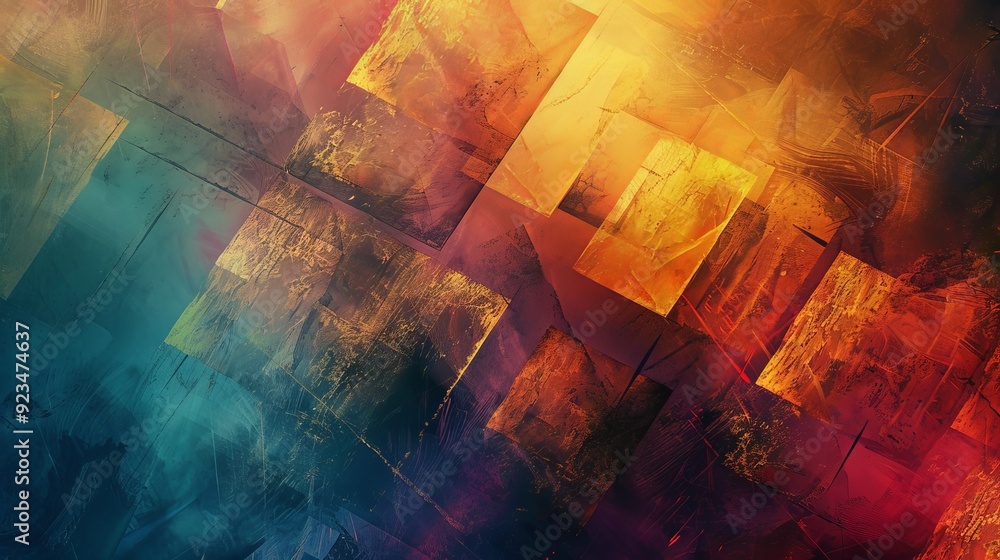 Poster A striking geometric abstract artwork featuring vibrant colors and textures with shades of blue, orange, and red creating a dynamic visual impact.