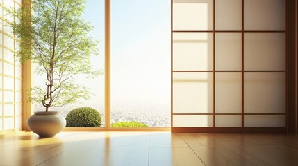 A serene interior with a large window showcasing a lush tree and a city view, promoting tranquility and connection with nature.