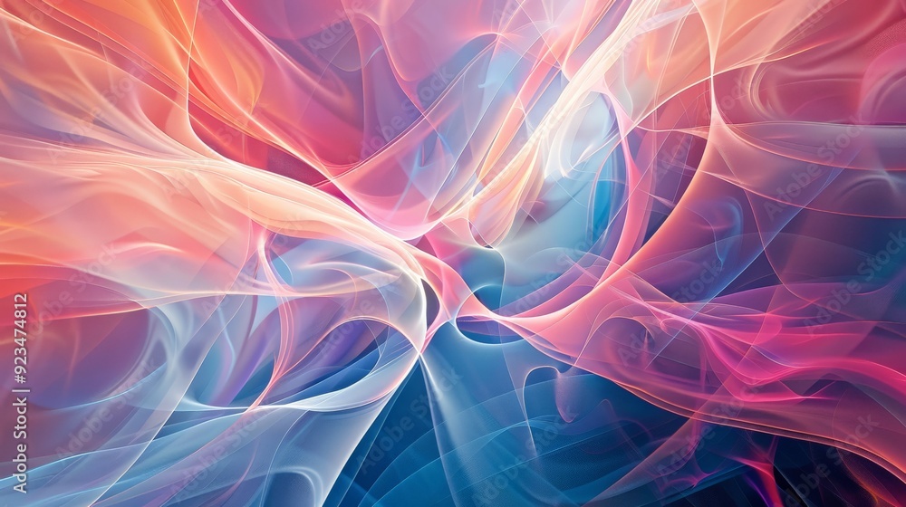 Poster This image features a vibrant, abstract digital artwork composed of swirling and flowing shapes in pink, blue, and orange hues, creating a captivating visual experience.