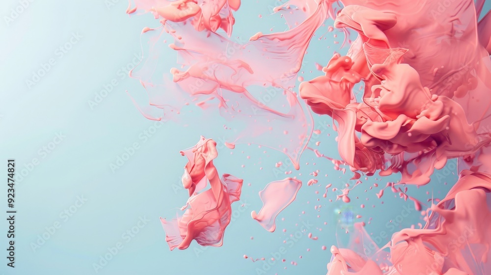 Poster This image features abstract pink fluid splashes against a light background, showcasing a dynamic and energetic burst of color and movement in an artistic composition.