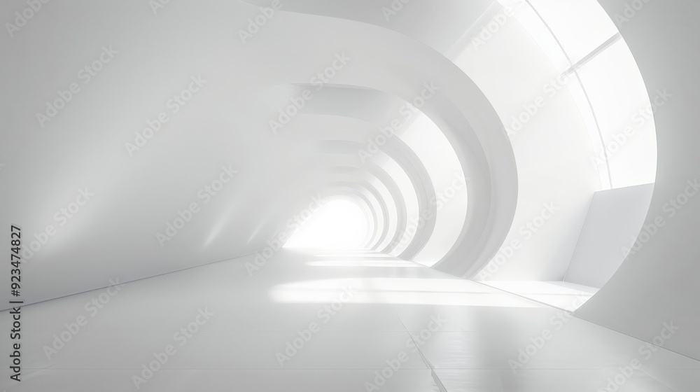 Poster this image shows a futuristic white curved hallway illuminated by bright natural light, creating a s