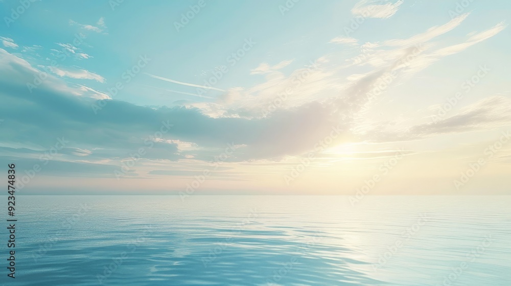 Poster this image depicts a serene ocean scene at sunrise, with soft clouds scattered across the sky and ca