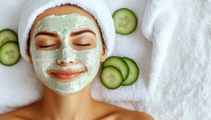 Woman relaxing with a green face mask and cucumber slices at a spa