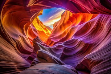Vibrant orange and purple hues illuminate the rusty, wave-like rock formations of Antelope Canyon, Arizona, a breathtaking natural wonder of the American Southwest desert landscape.