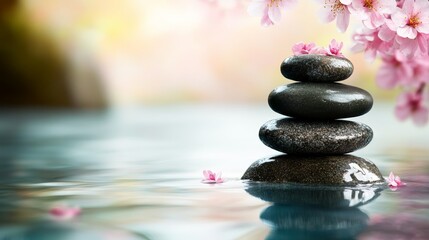 A serene arrangement of stacked stones surrounded by water and cherry blossoms, evoking tranquility and mindfulness.