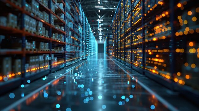 Warehouse Interior with Shelves and Lights