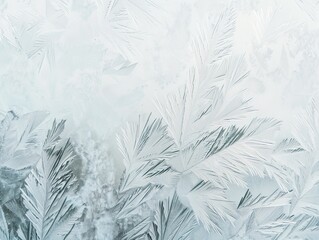 Frozen window with complex ice patterns lit by soft sunlight winter texture