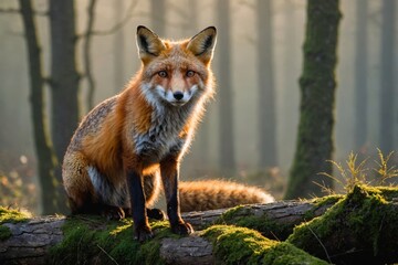 Naklejka premium Red Fox Animal in natural environnement, morning misty sunlight