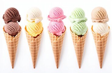 Ice cream scoops in waffle cones arranged in a row. Isolated on white background. Image for ice cream shop advertising and menu.