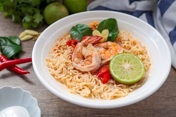 Noodle with shrimp,Tom yum kung with noodles , thai style instant spicy noodles with shrimp , noodles tom yum with shrimp