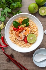 Noodle with shrimp,Tom yum kung with noodles , thai style instant spicy noodles with shrimp , noodles tom yum with shrimp