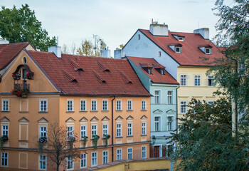 Colorful old buildings in Lesser Town and Kampa Island in Prague in October
