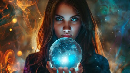 Naklejka premium Mysterious woman holding a glowing crystal ball surrounded by smoke