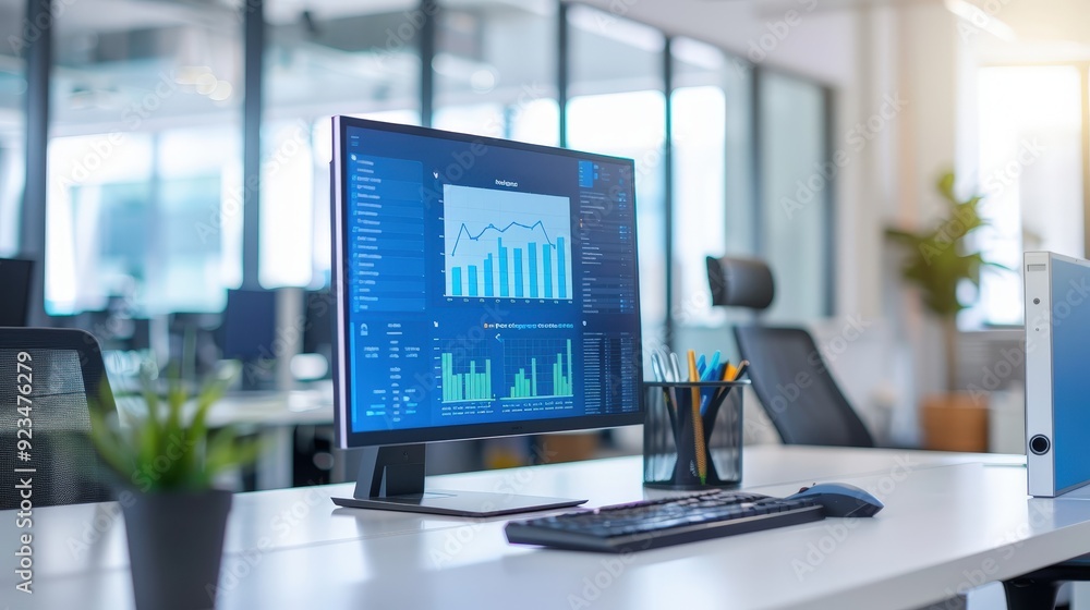 Poster capture a workspace with a desktop computer, focusing on the monitor displaying charts and data.