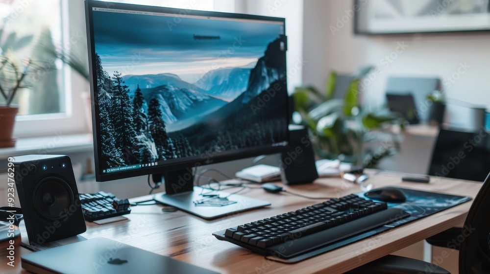 Poster capture a workspace with a desktop computer setup, focusing on a sleek monitor and an ergonomic keyb