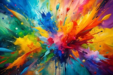 Vibrant abstract artwork featuring dynamic brush strokes, expressive splashes, and bold color palette on canvas, creating a stunning artistic background or texture.