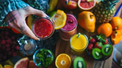 Top view of woman preparing fruit smoothies